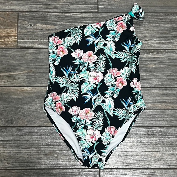 Tommy Bahama One-Piece Swimsuit Girls Size 12 One Shoulder Black Hibiscus Blooms - Picture 3 of 12